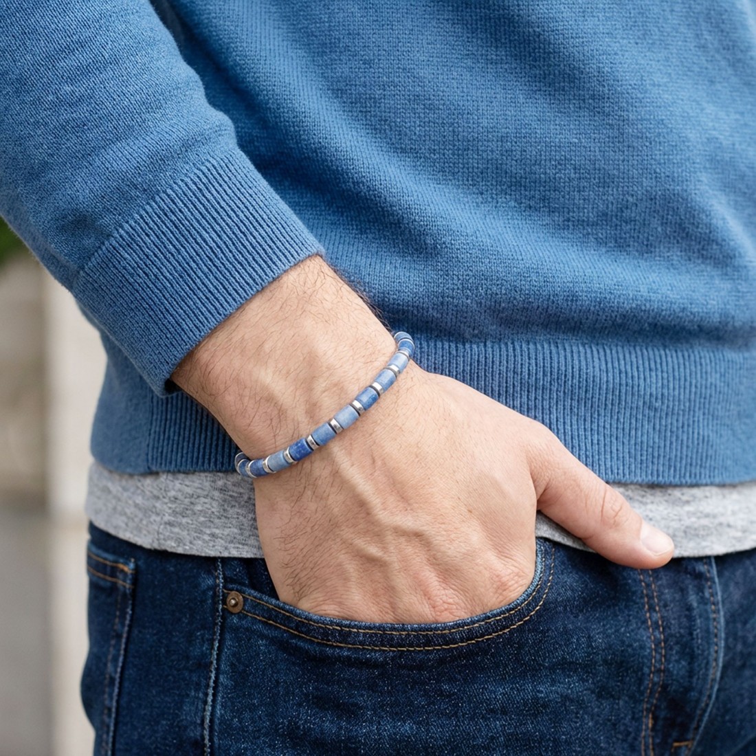 Mavi Aventurin & Silver Hematit Taşlı Ayarlanabilir Çelik Zincir Erkek Bileklik