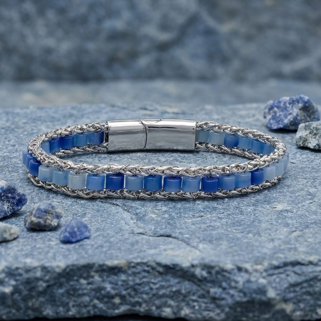 Mavi Aventurin Doğal Taşlı Hasır Örgü Zincirli Erkek Çelik Bileklik