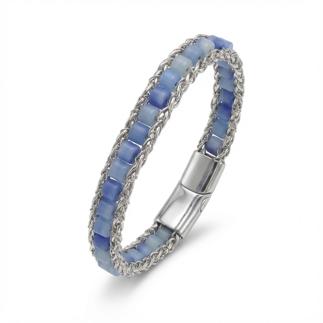 Mavi Aventurin Doğal Taşlı Hasır Örgü Zincirli Erkek Çelik Bileklik
