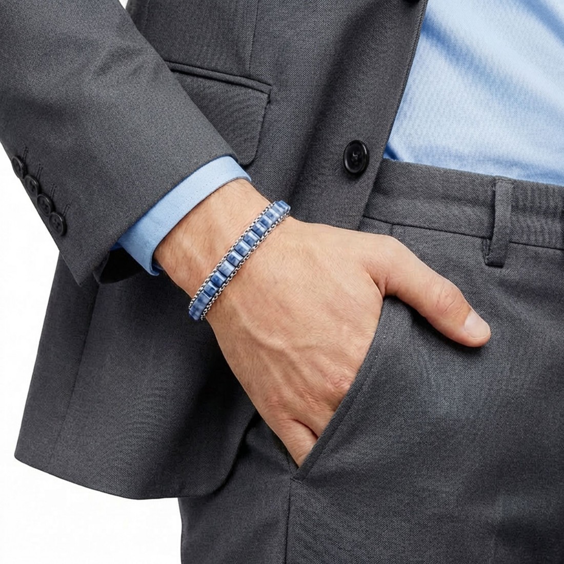 Mavi Aventurin Doğal Taşlı Hasır Örgü Zincirli Erkek Çelik Bileklik