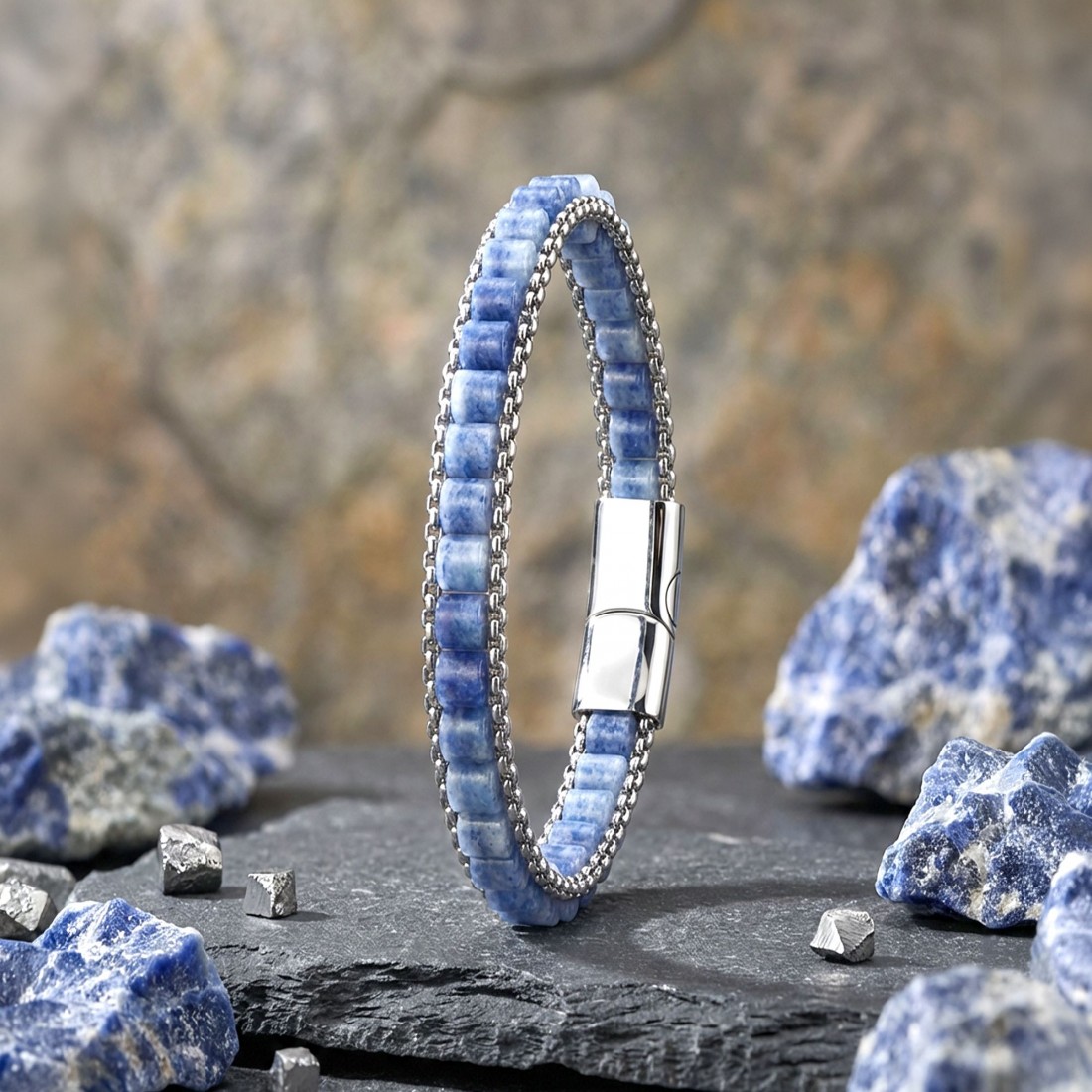 Mavi Aventurin Doğal Taşlı Hasır Örgü Zincirli Erkek Çelik Bileklik