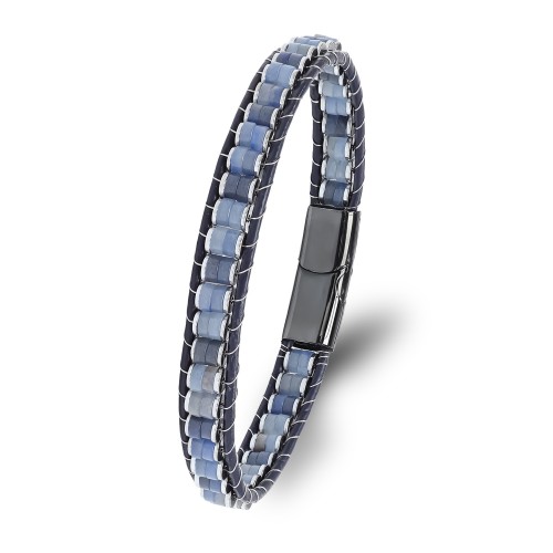 Mavi Aventurin & Hematit Çelik Örgülü Deri Bileklik