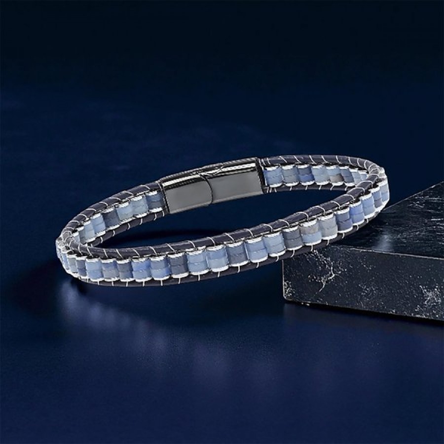 Mavi Aventurin & Hematit Çelik Örgülü Deri Bileklik