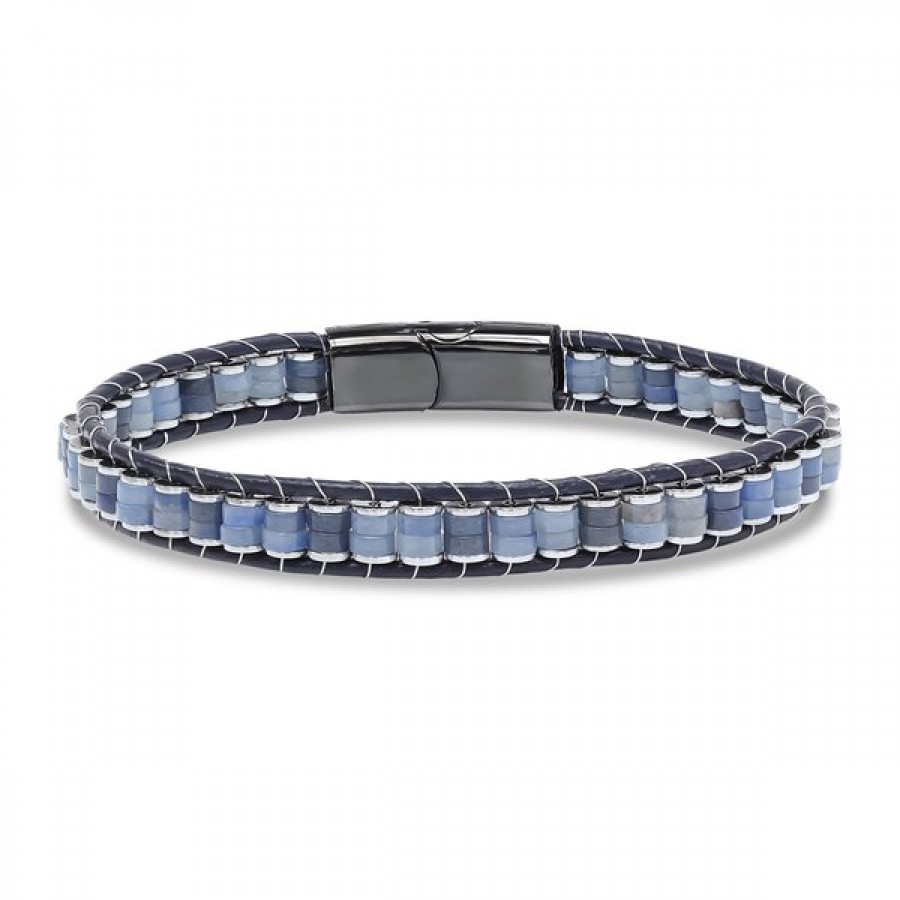 Mavi Aventurin & Hematit Çelik Örgülü Deri Bileklik