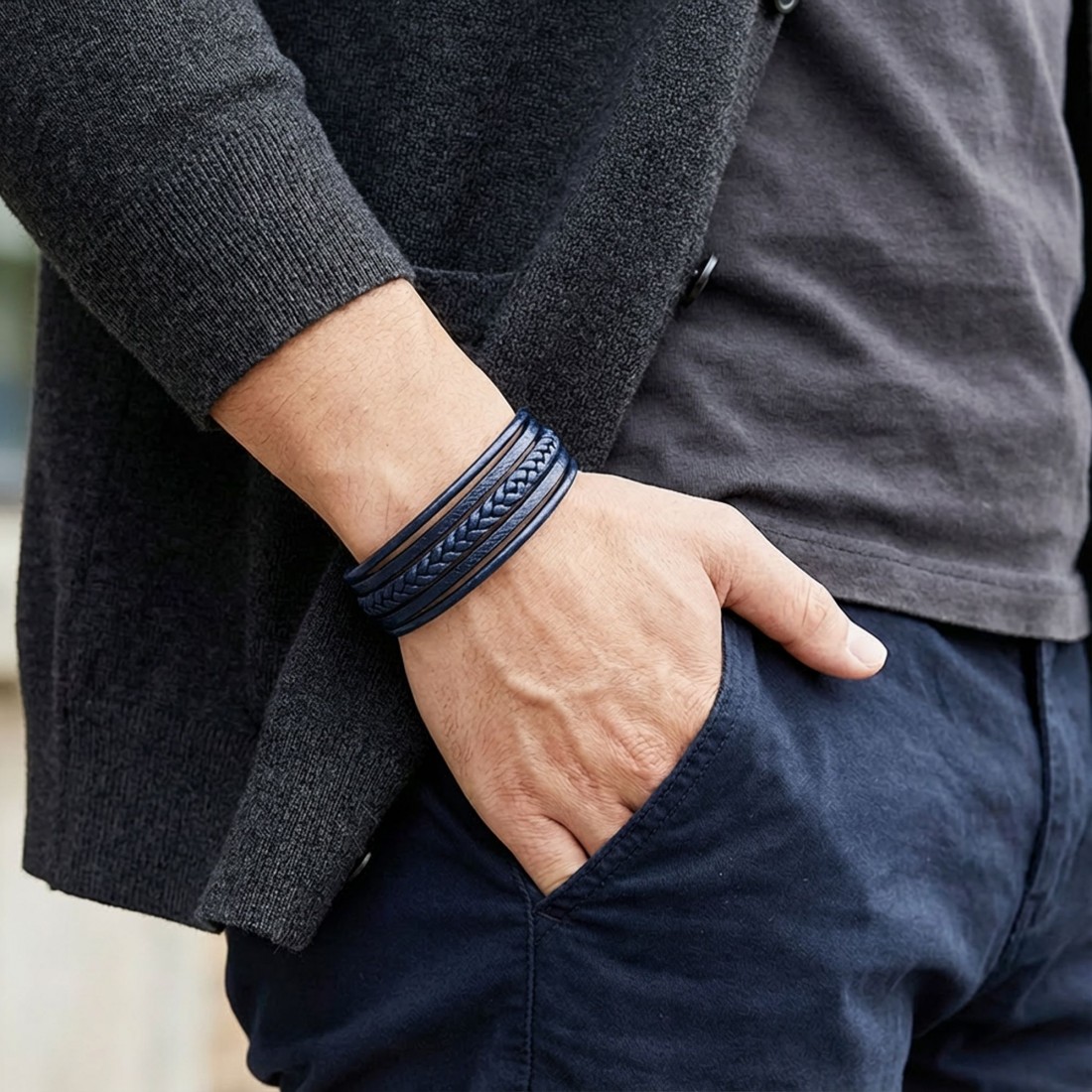 Mavi Çoklu Deri Bileklik