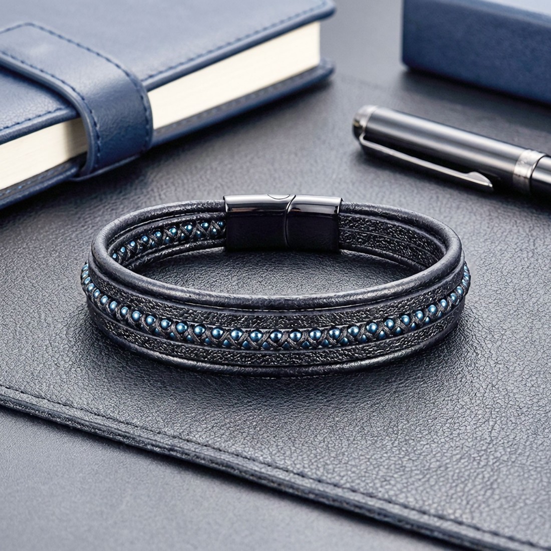 Mavi Hematit Ve Çoklu Deri Bileklik