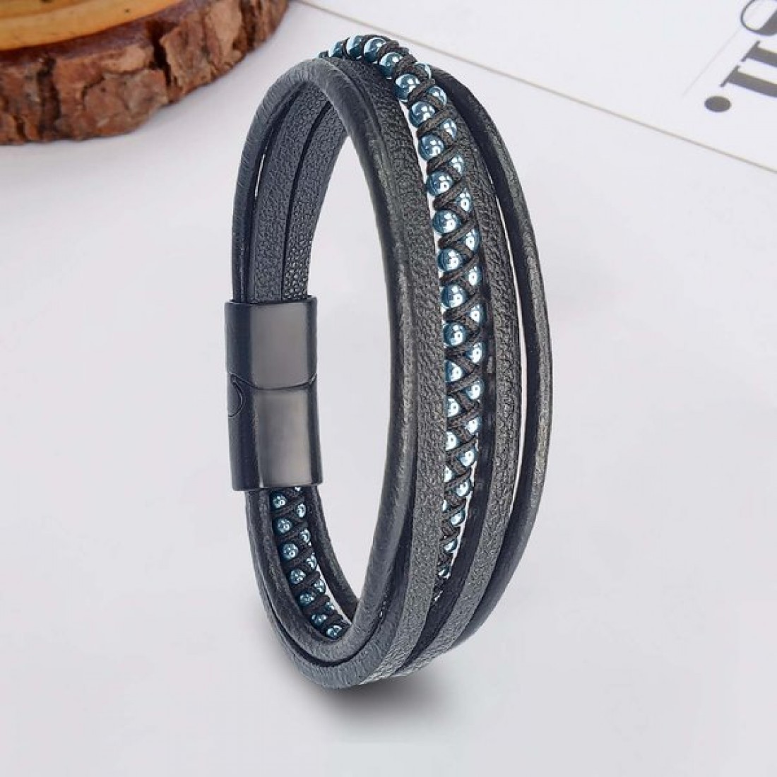 Mavi Hematit Ve Çoklu Deri Bileklik