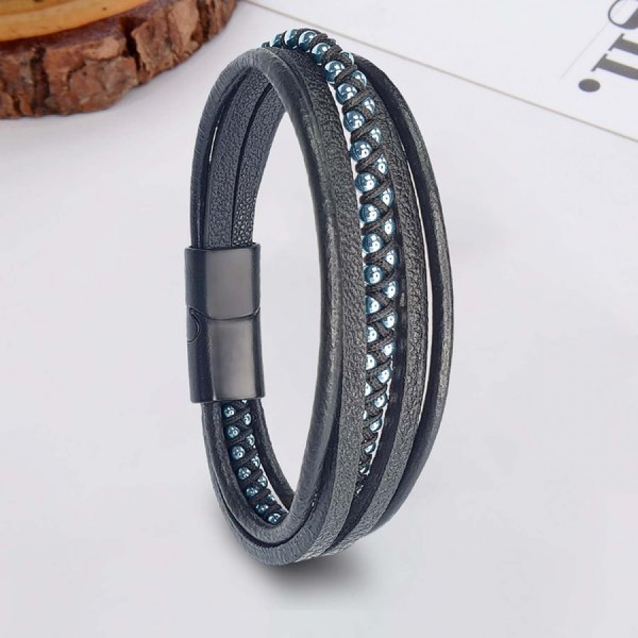 Mavi Hematit Ve Çoklu Deri Bileklik