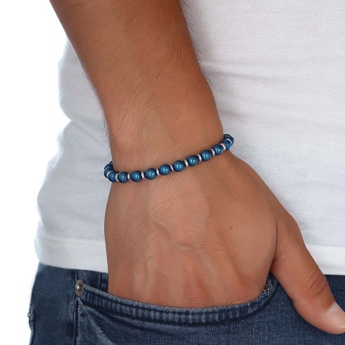 Mavi Küre Hematit Doğal Taşlı Ayarlanabilir Çelik Zincir Bileklik