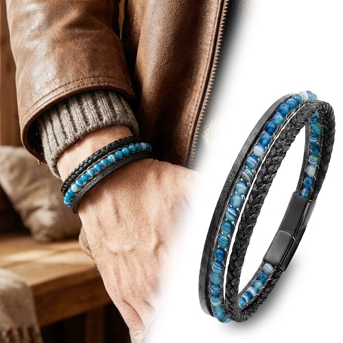 Mavi Akik Doğaltaş Ve Mavi Çoklu Deri Bileklik