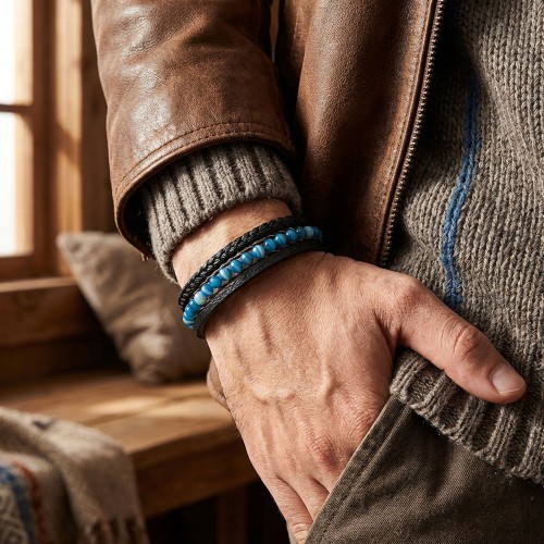 Mavi Akik Doğaltaş Ve Mavi Çoklu Deri Bileklik