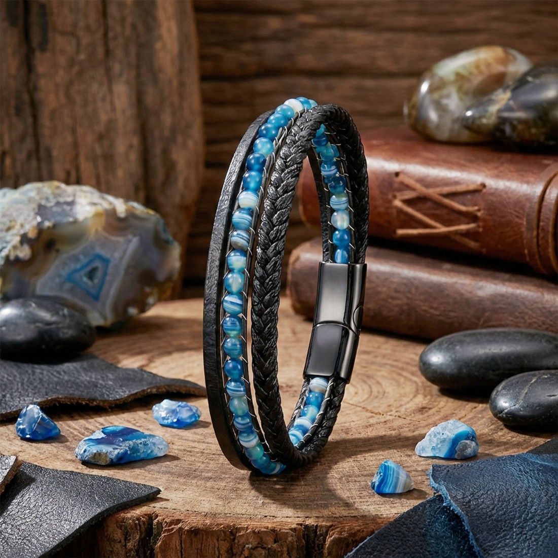 Mavi Akik Doğaltaş Ve Mavi Çoklu Deri Bileklik