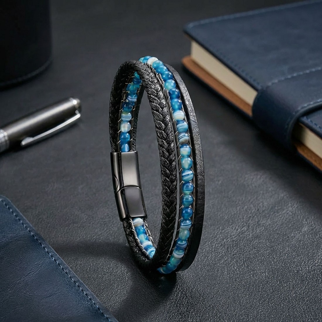 Mavi Akik Doğaltaş Ve Mavi Çoklu Deri Bileklik