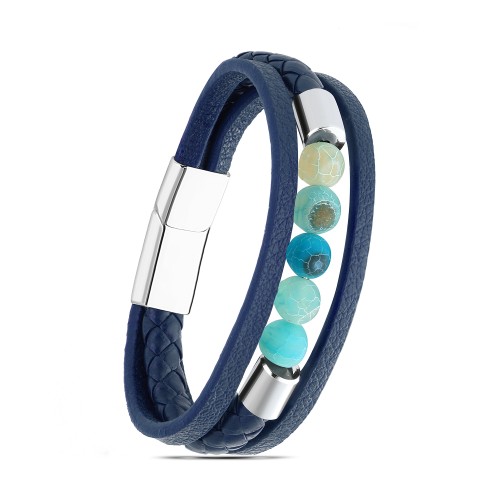 Mavi Mat Akik Doğaltaş Ve Çoklu Deri Bileklik