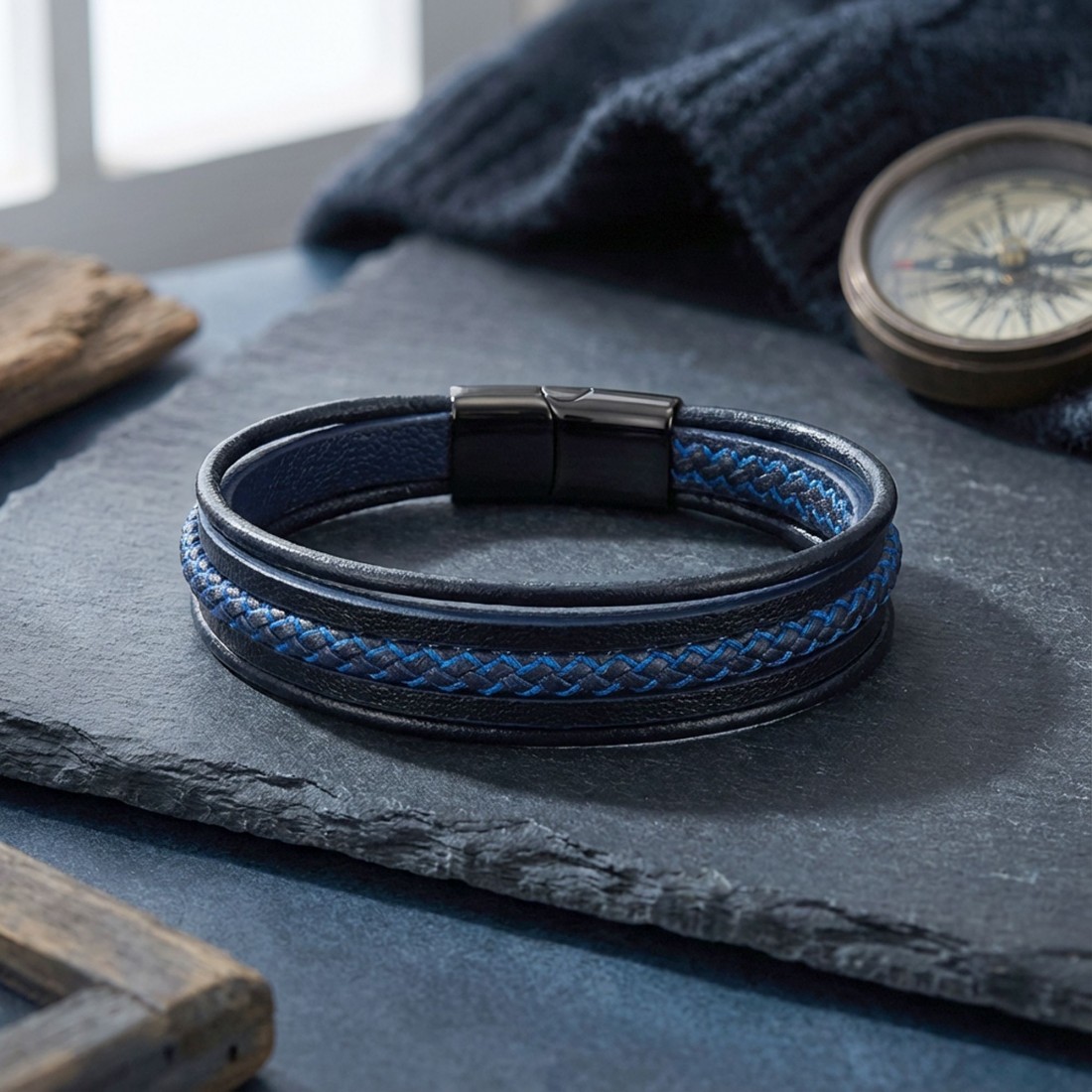 Mavi Siyah Çoklu Deri Bileklik