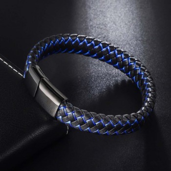 Mavi Siyah Deri Örgü Çelik Bileklik