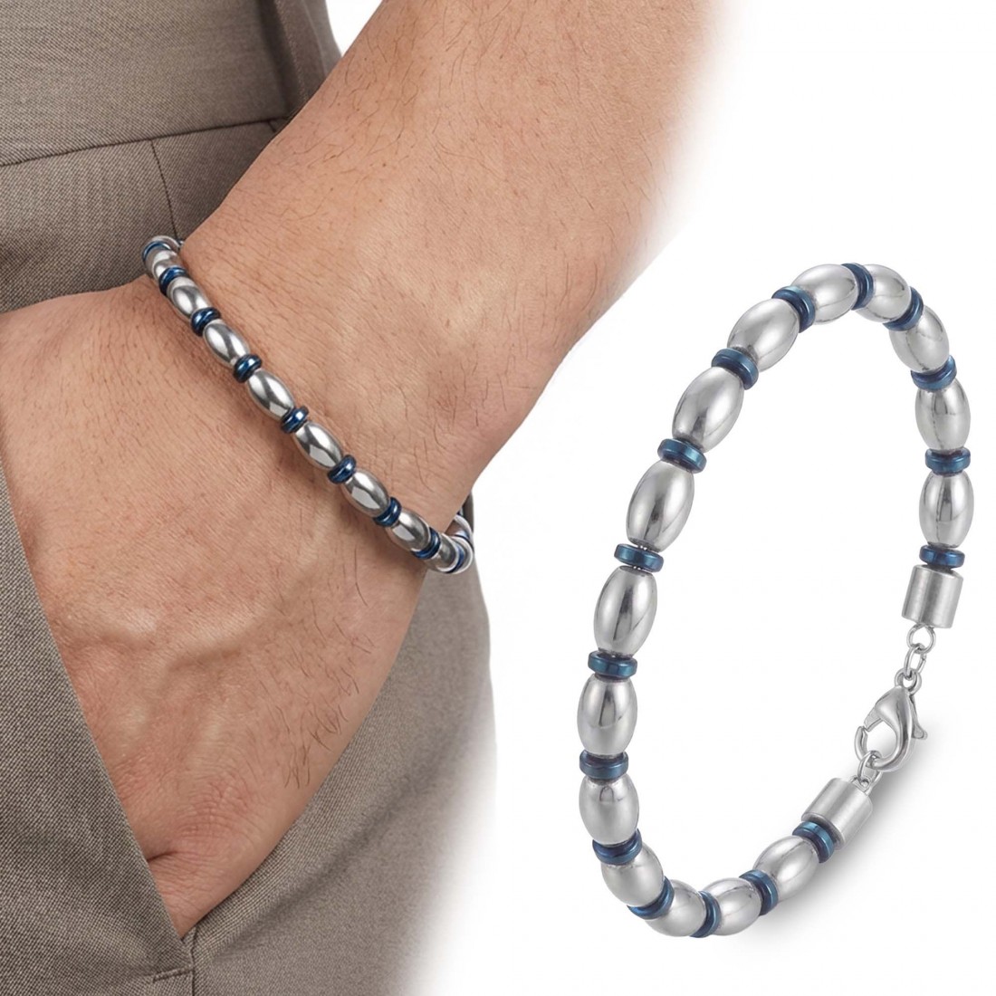 Mavi Ve Gümüş Hematit Doğal Taşlı Ayarlanabilir Çelik Zincir Bileklik