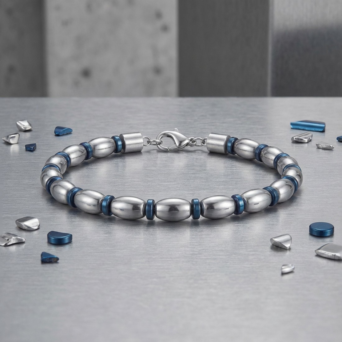 Mavi Ve Gümüş Hematit Doğal Taşlı Ayarlanabilir Çelik Zincir Bileklik