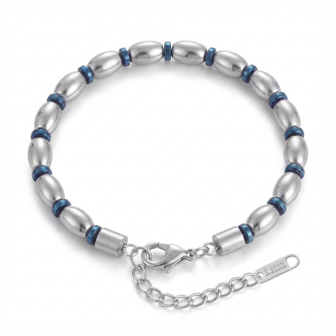Mavi Ve Gümüş Hematit Doğal Taşlı Ayarlanabilir Çelik Zincir Bileklik