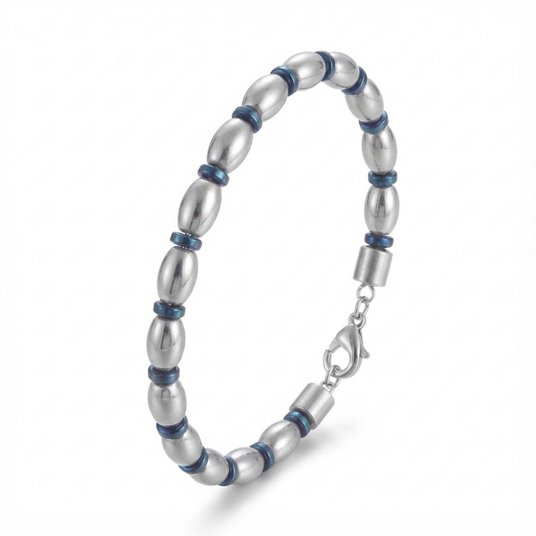 Mavi Ve Gümüş Hematit Doğal Taşlı Ayarlanabilir Çelik Zincir Bileklik