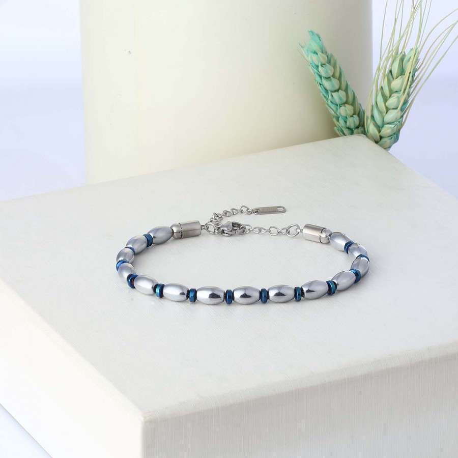 Mavi Ve Gümüş Hematit Doğal Taşlı Ayarlanabilir Çelik Zincir Bileklik