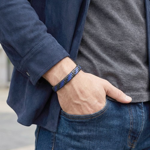 Mavi Ve Siyah Deri Örgü Ve Çelik Bileklik