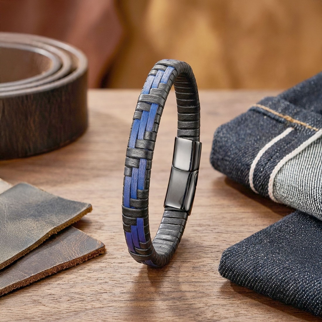 Mavi Ve Siyah Deri Örgü Ve Çelik Bileklik