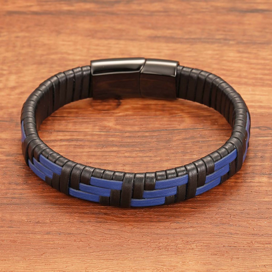 Mavi Ve Siyah Deri Örgü Ve Çelik Bileklik