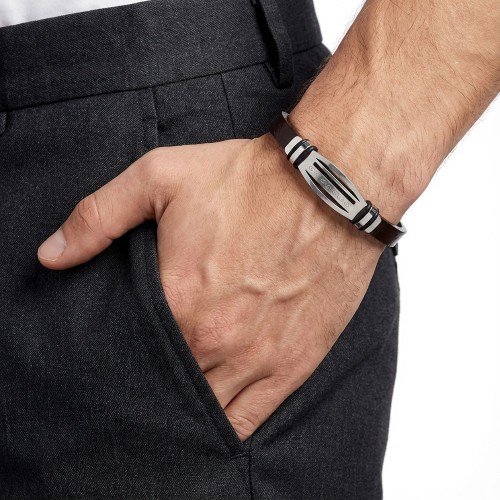 Motifli Ayarlanabilir Kordonlu Erkek Deri Ve Çelik Bileklik