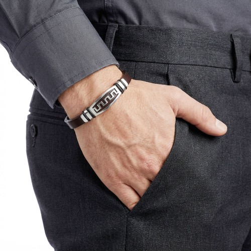 Motifli Ayarlanabilir Kordonlu Erkek Deri Ve Çelik Bileklik