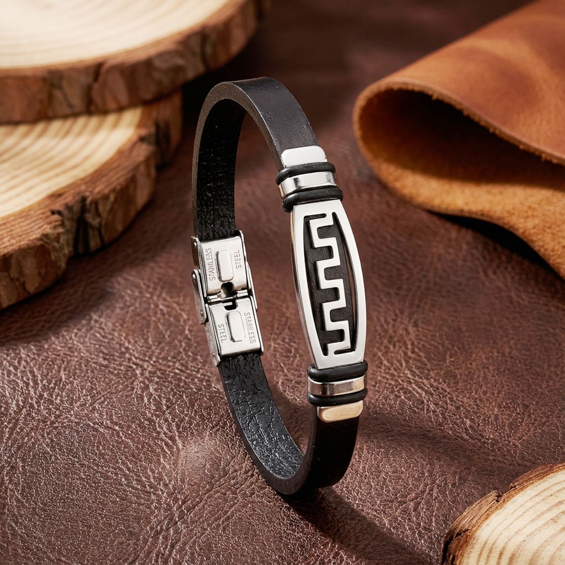Motifli Ayarlanabilir Kordonlu Erkek Deri Ve Çelik Bileklik