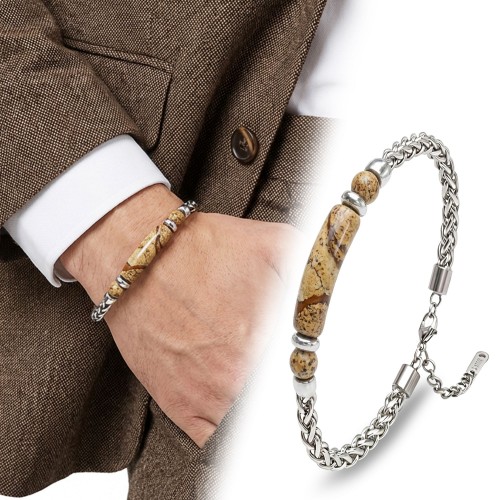 Odun Jasper Doğal Taşlı Ayarlanabilir Çelik Zincir Bileklik