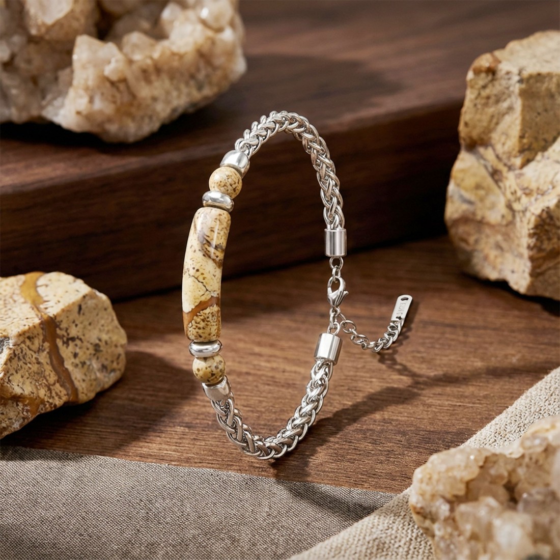 Odun Jasper Doğal Taşlı Ayarlanabilir Çelik Zincir Bileklik