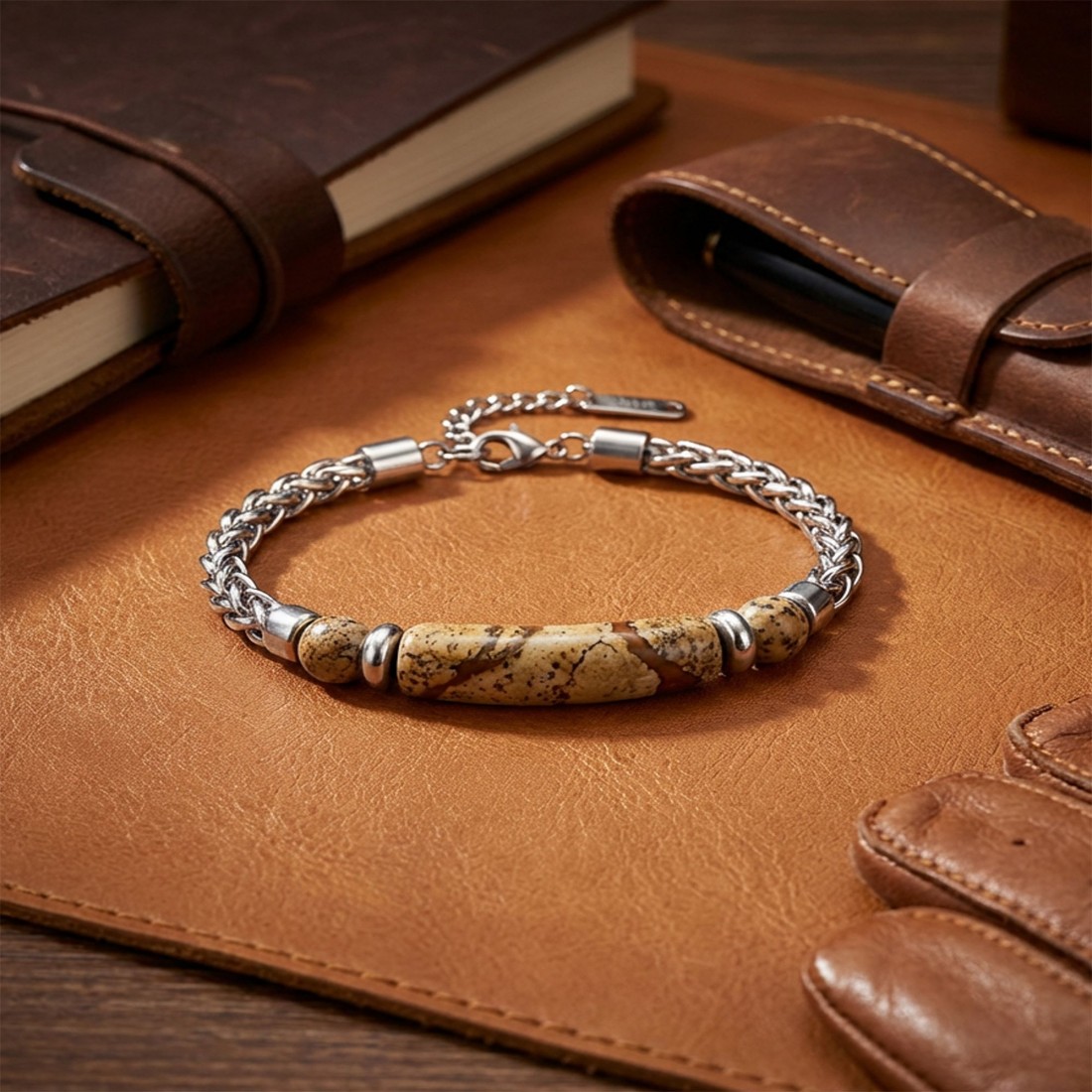 Odun Jasper Doğal Taşlı Ayarlanabilir Çelik Zincir Bileklik