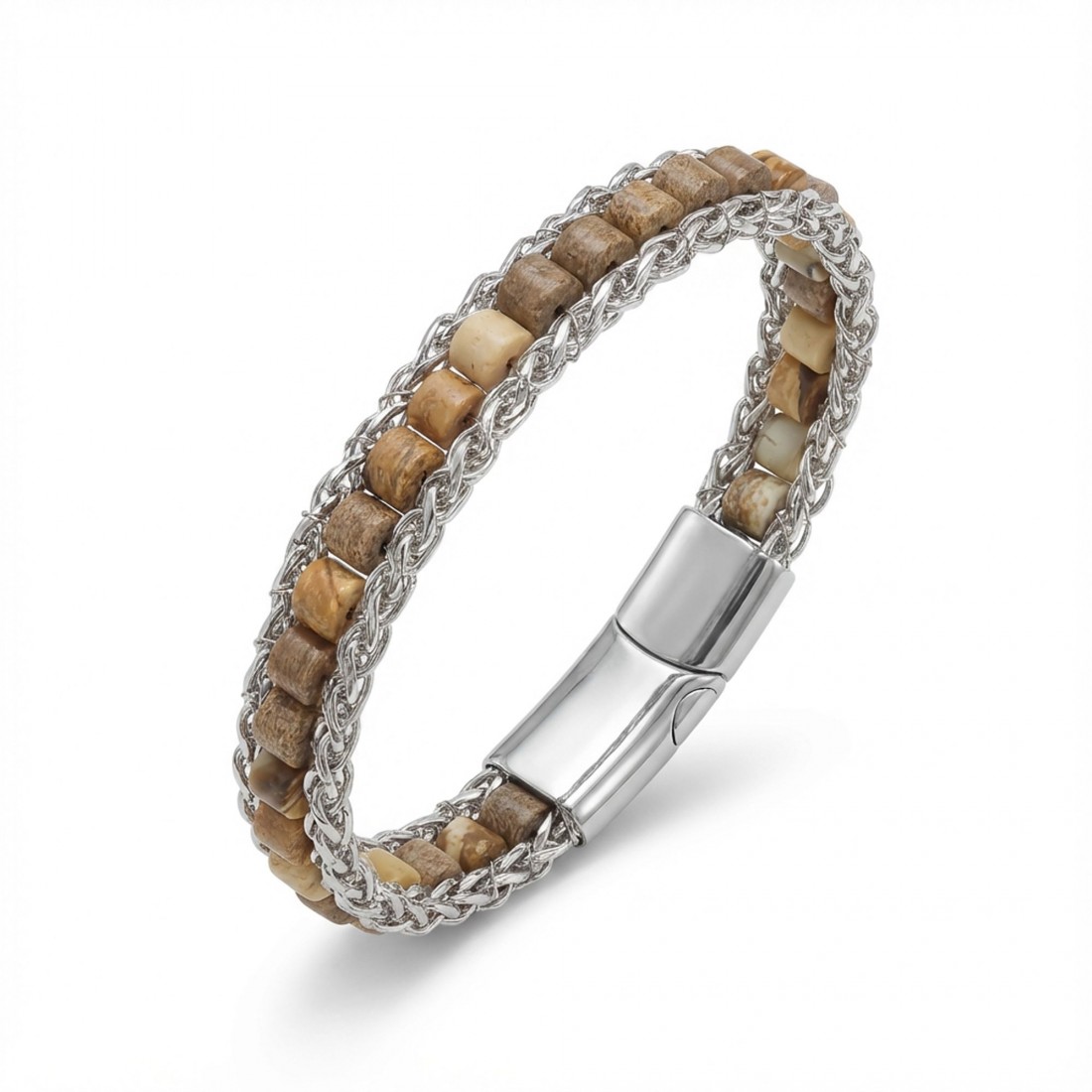 Odun Jasper Doğal Taşlı Hasır Örgü Zincirli Erkek Çelik Bileklik