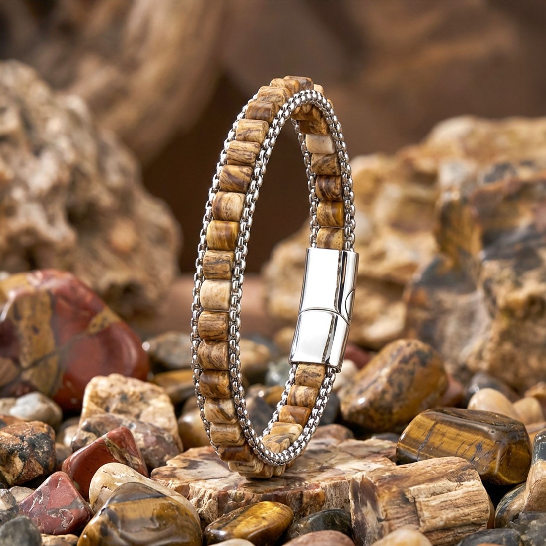 Odun Jasper Doğal Taşlı Hasır Örgü Zincirli Erkek Çelik Bileklik