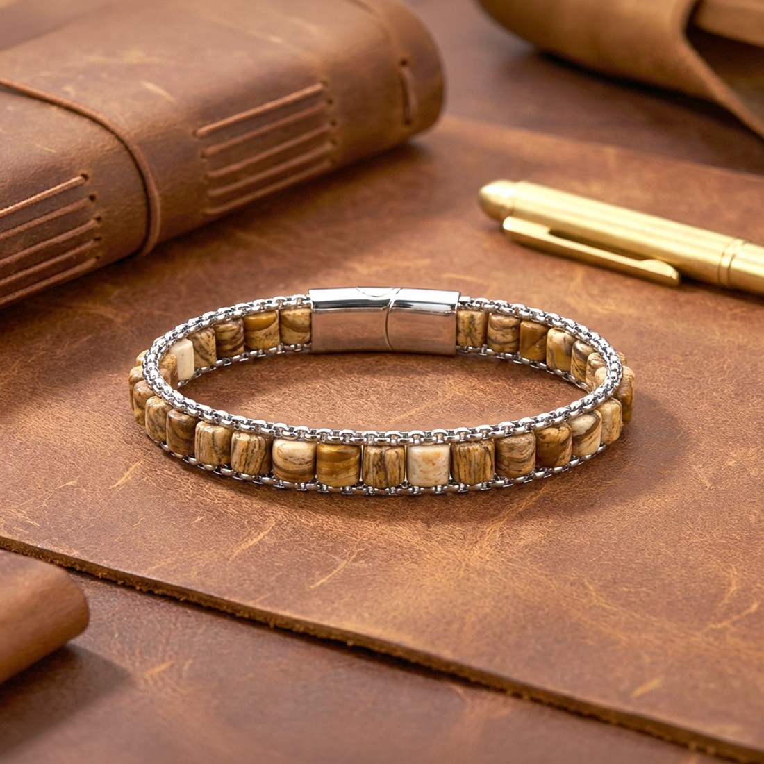 Odun Jasper Doğal Taşlı Hasır Örgü Zincirli Erkek Çelik Bileklik