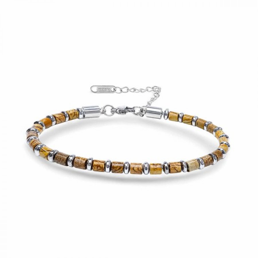 Odun Jasper & Silver Hematit Taşlı Ayarlanabilir Çelik Zincir Erkek Bileklik