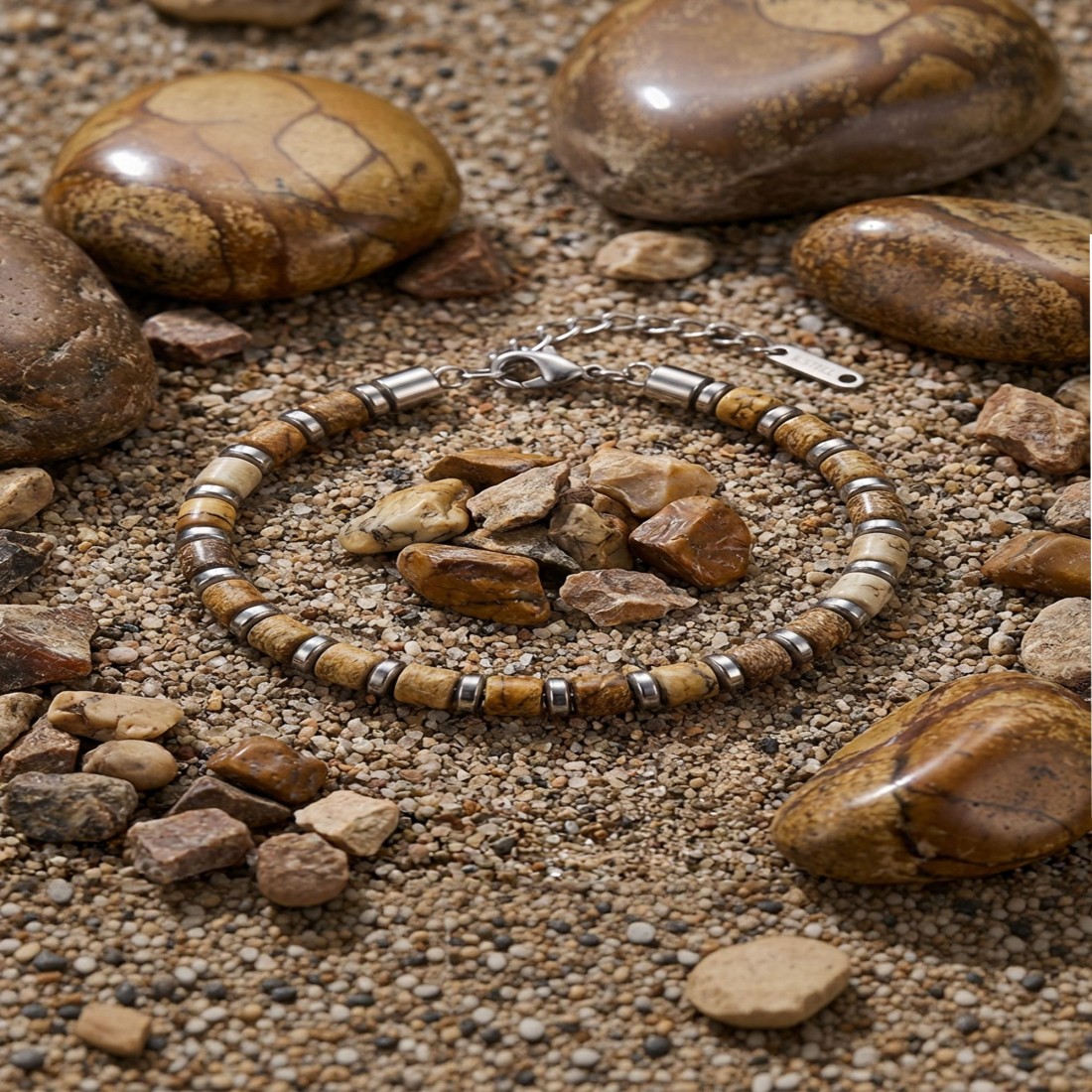 Odun Jasper & Silver Hematit Taşlı Ayarlanabilir Çelik Zincir Erkek Bileklik