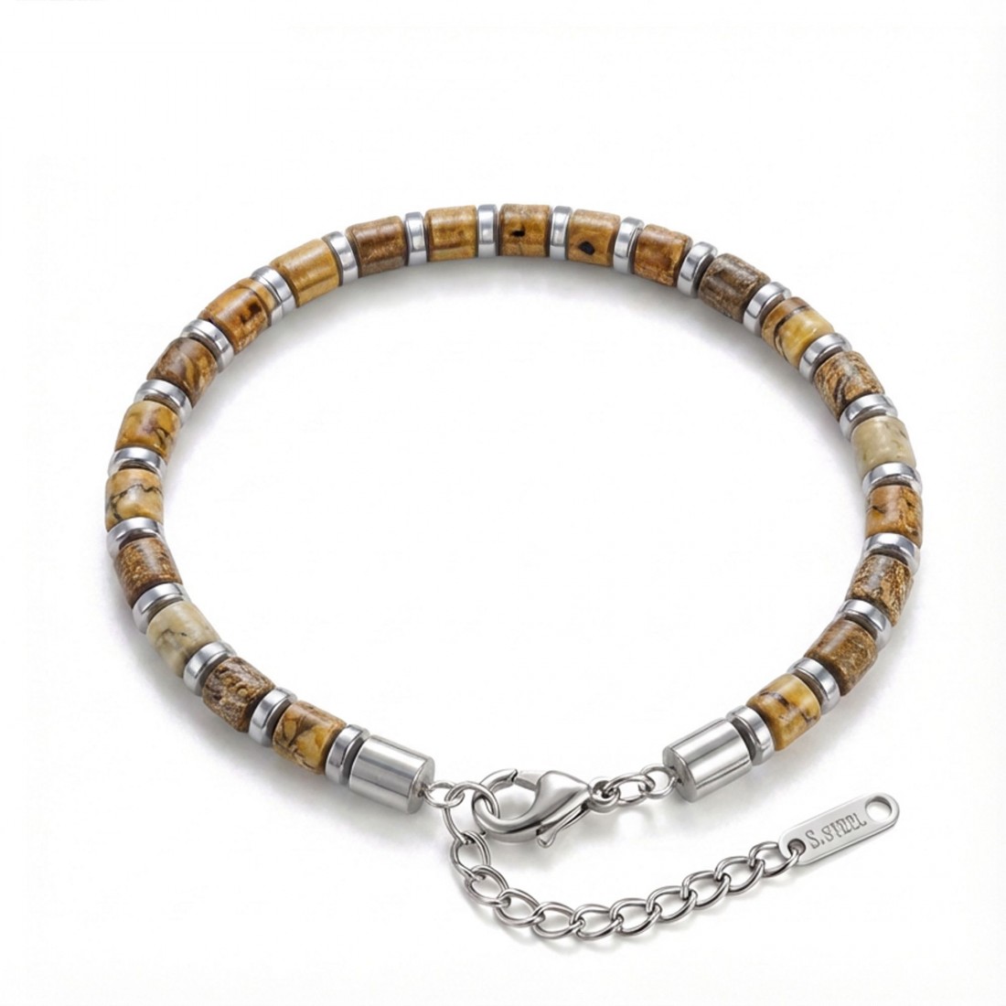 Odun Jasper & Silver Hematit Taşlı Ayarlanabilir Çelik Zincir Erkek Bileklik