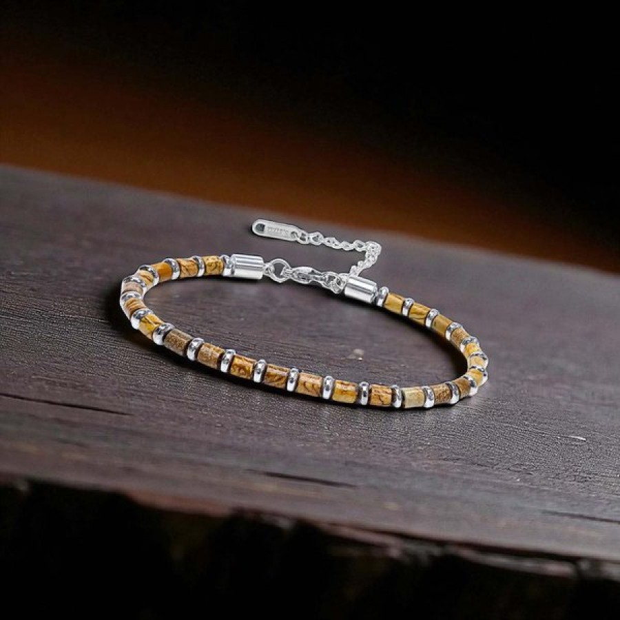 Odun Jasper & Silver Hematit Taşlı Ayarlanabilir Çelik Zincir Erkek Bileklik