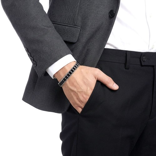 Oniks Doğal Taşlı Hasır Örgü Zincirli Erkek Çelik Bileklik