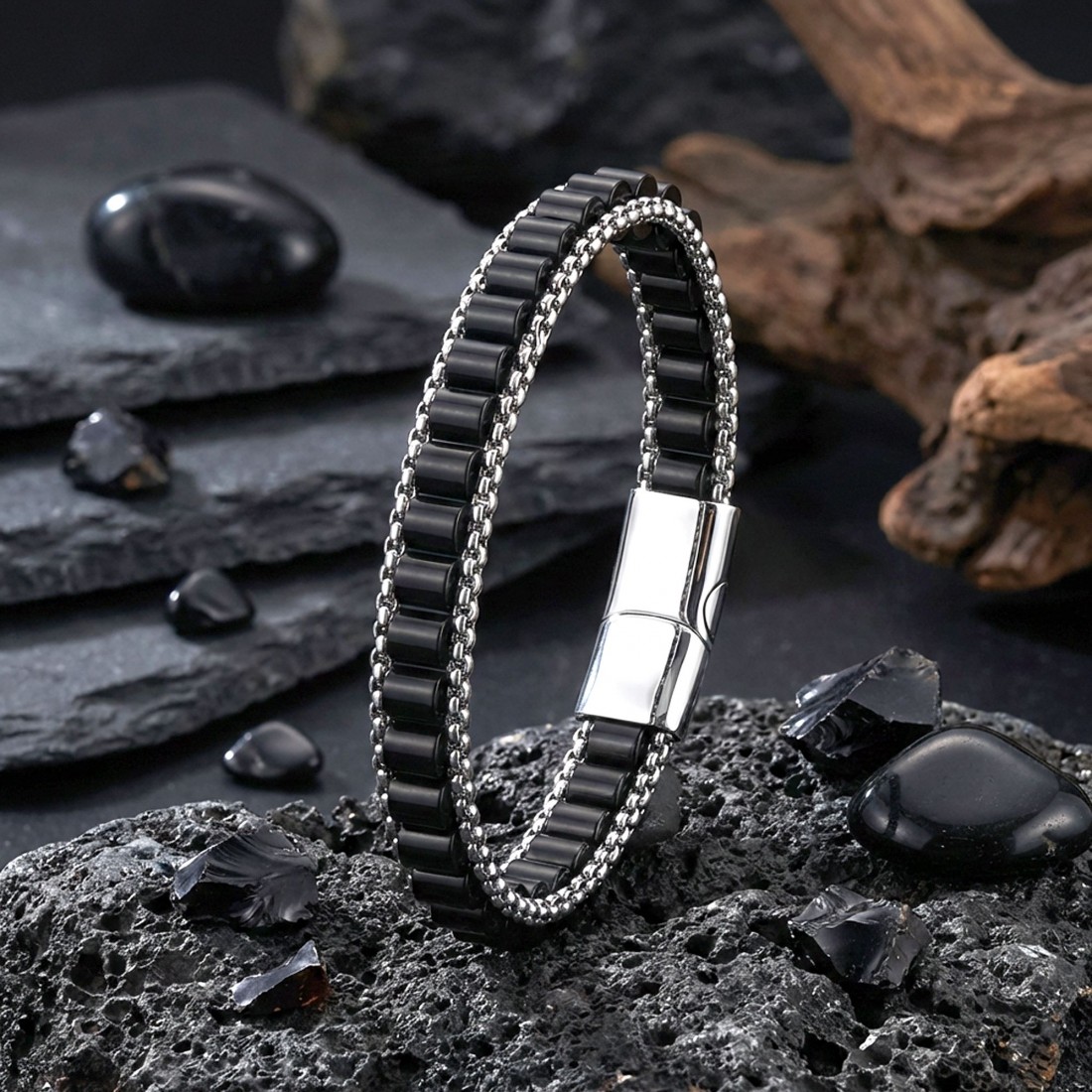 Oniks Doğal Taşlı Hasır Örgü Zincirli Erkek Çelik Bileklik