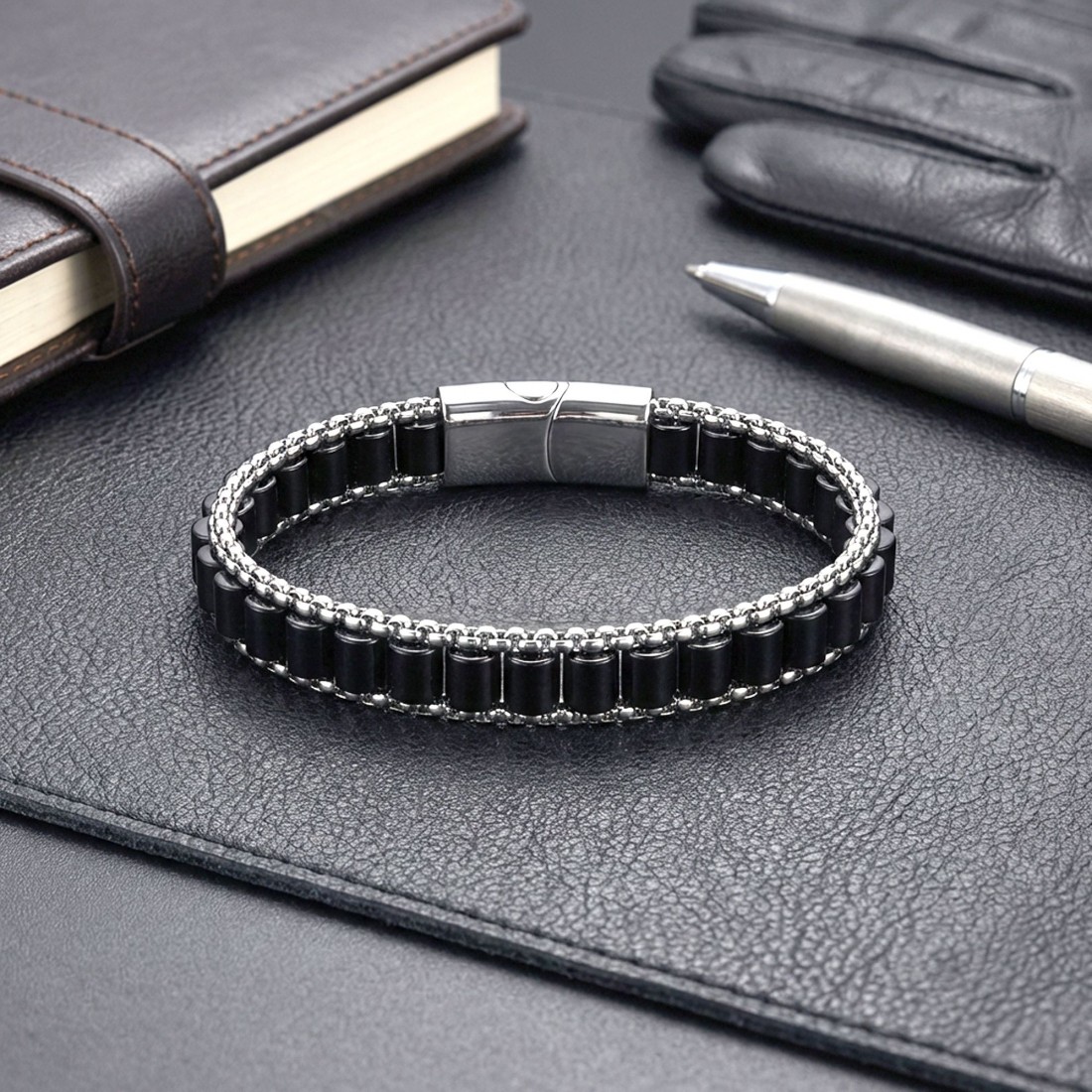 Oniks Doğal Taşlı Hasır Örgü Zincirli Erkek Çelik Bileklik