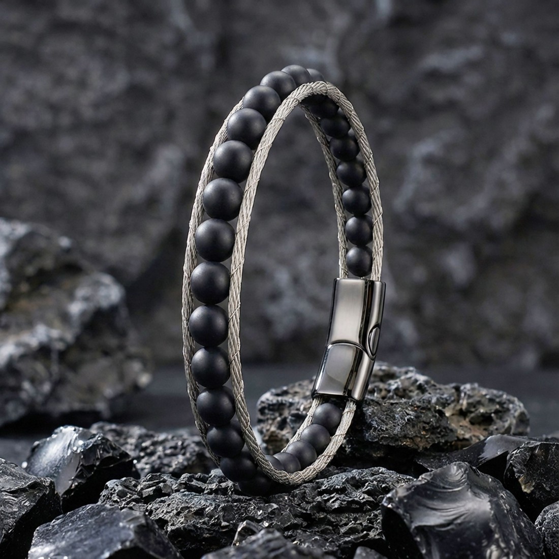 Oniks Doğaltaş Ve Çelik Halat Örme Bileklik