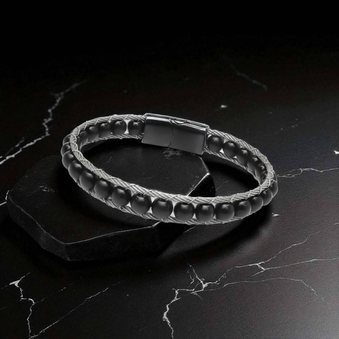 Oniks Doğaltaş Ve Çelik Halat Örme Bileklik