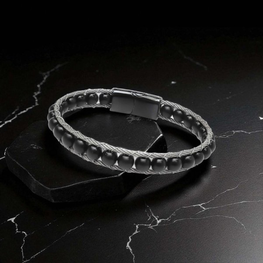 Oniks Doğaltaş Ve Çelik Halat Örme Bileklik
