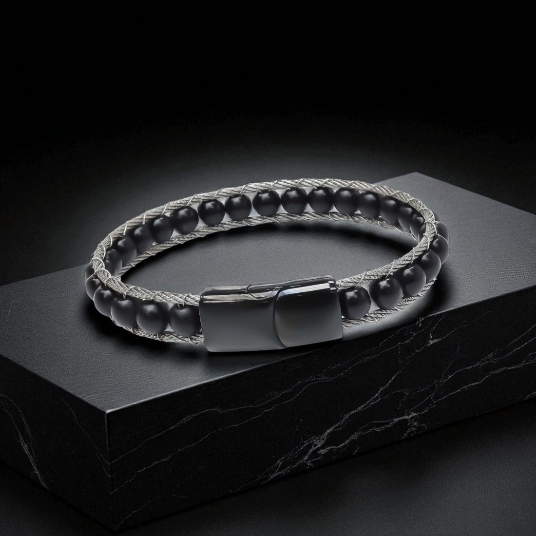 Oniks Doğaltaş Ve Çelik Halat Örme Bileklik