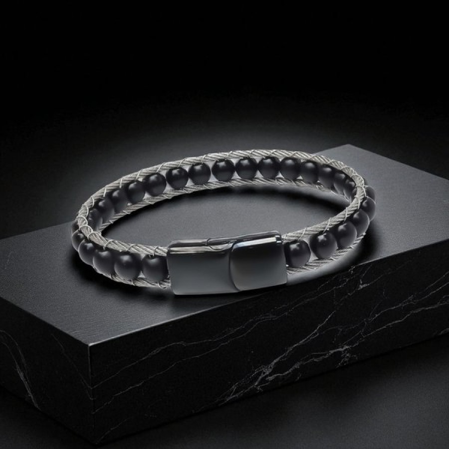 Oniks Doğaltaş Ve Çelik Halat Örme Bileklik