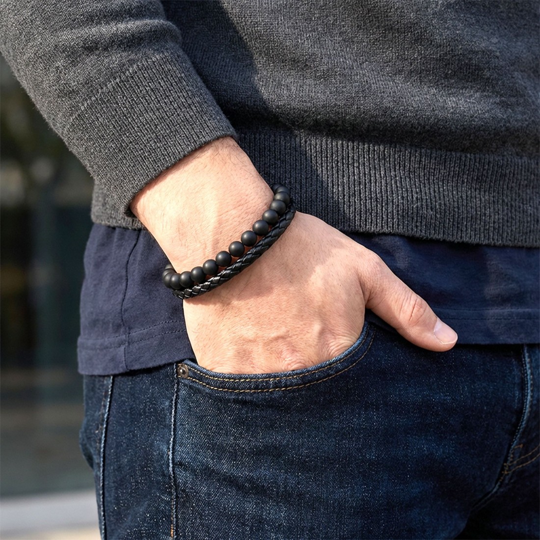 Oniks Doğaltaş Ve Deri Erkek Bileklik